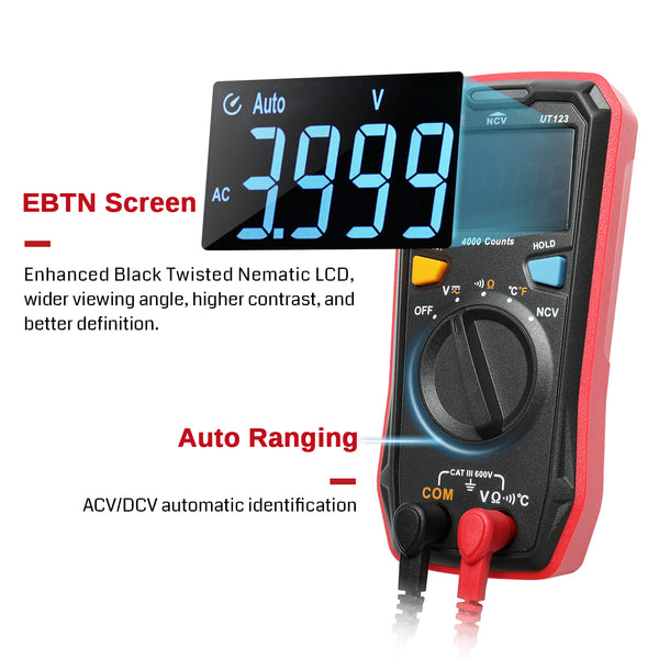 UNI-T Residential Multimeter Kit UT123T Digital Voltmeter Ohm Meter 4000  Counts Auto Ranging NCV with Test Leads Thermocouple