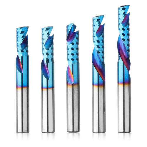 OC05B, 1/4" Shank, Carbide Spiral O Flute Up & Down Cut Compression End Mill CNC Router Bits, 5Pcs