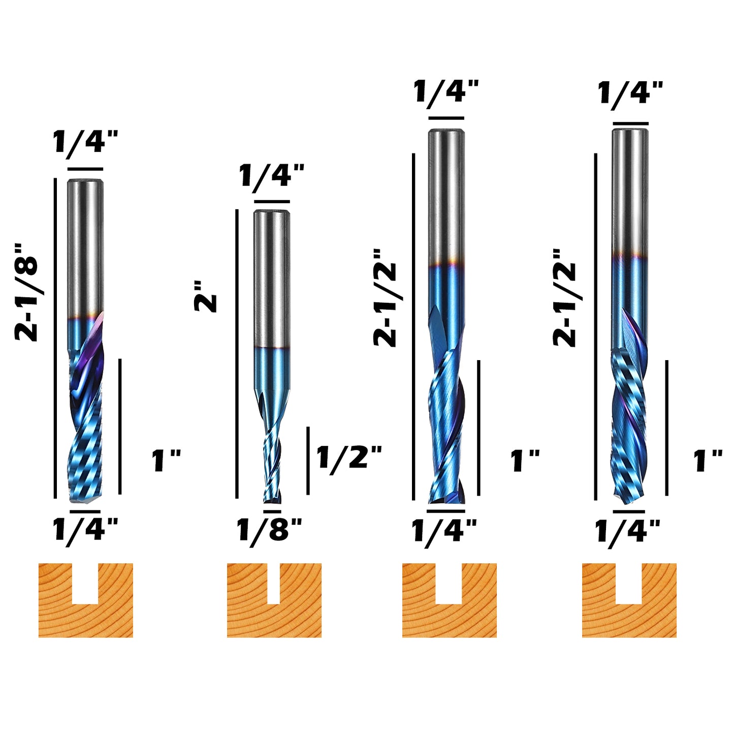 MRBC08, 1/4" Shank, End Mills CNC Router Bits, General Purpose, Nano Blue Coating, for Aluminum, Metal, Plastic, MDF & Wood, 8pcs