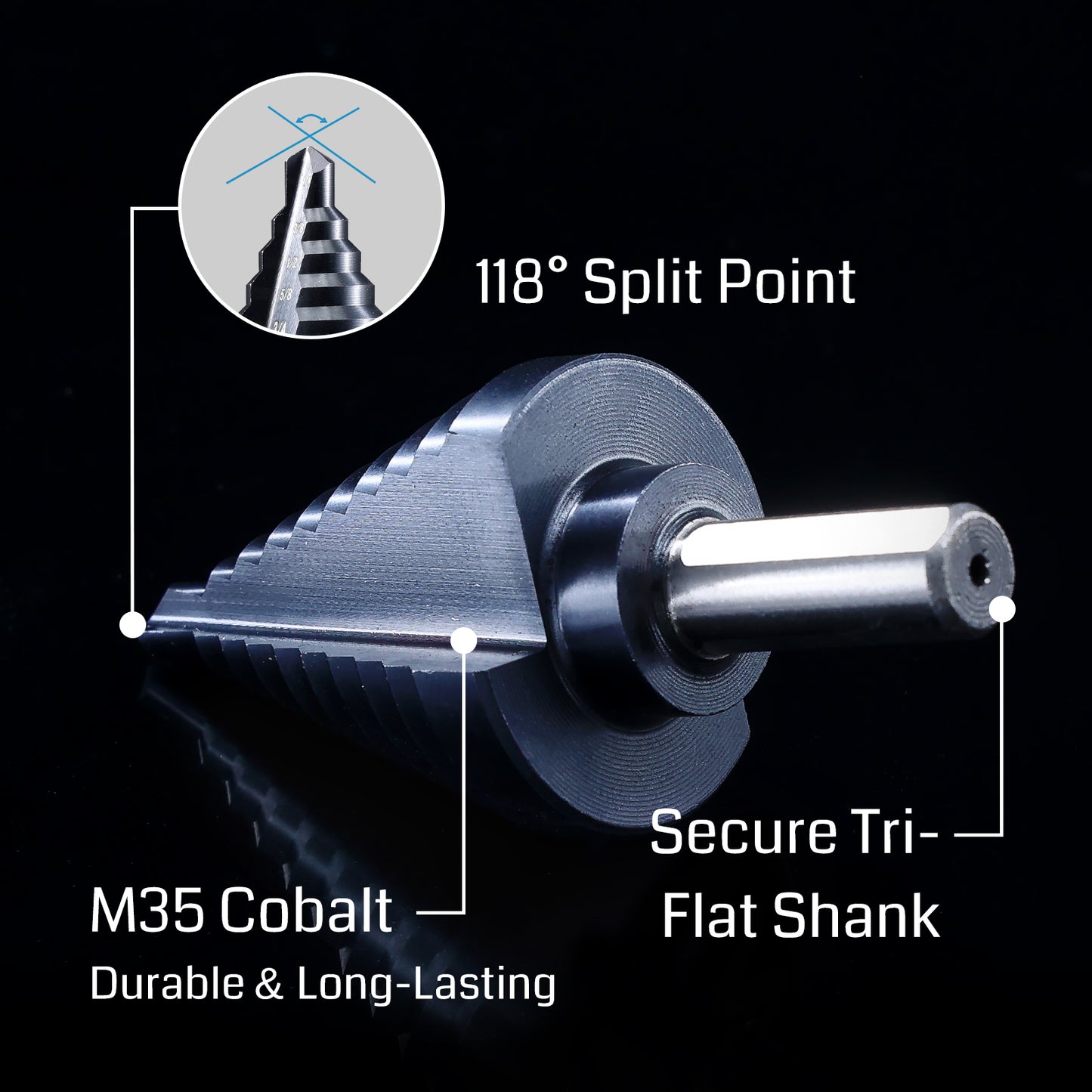 SD05A, 1/8”~1-3/8” TiAIN Coated Double Flute M35 Cobalt Step Drill Bits Set, Tri-Flat Shank, 5PCS, for Metal, Stainless Steel, Aluminum, Copper, Wood, PVC