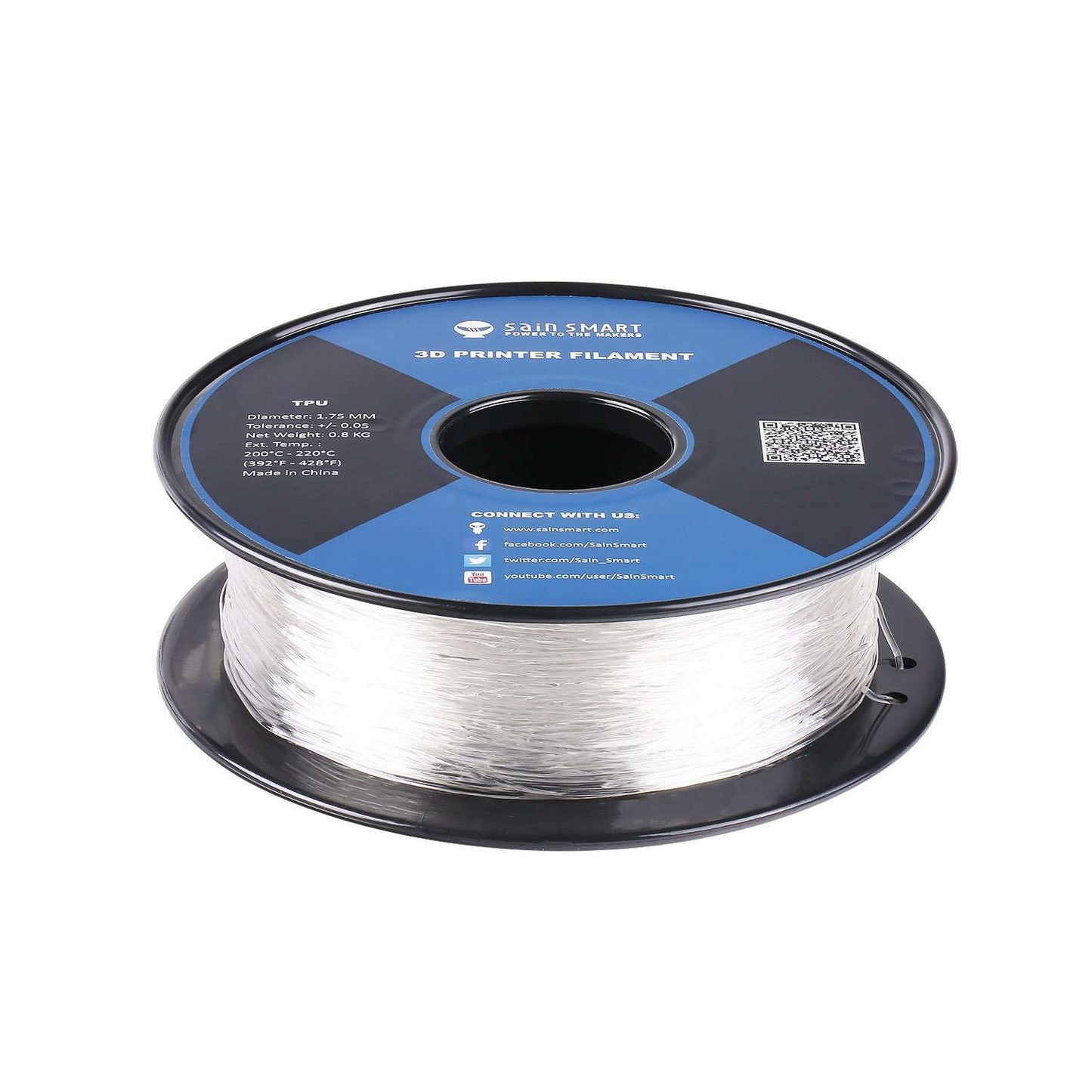 Clear, Flexible TPU Filament 1.75mm 0.8kg/1.76lb