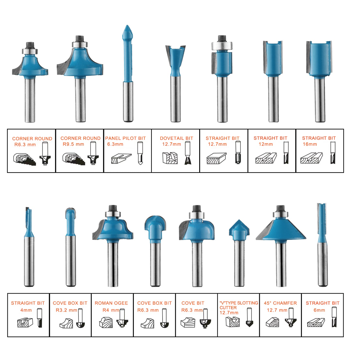 RB15A, 1/4" Shank, Woodworking Tools for Trim, Groove & Edge Treatment Router Bits Set, 15Pcs with Wood Case