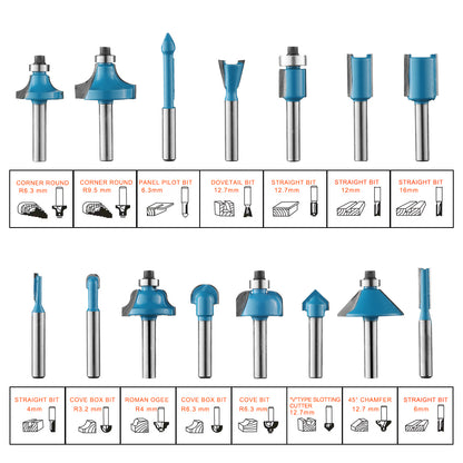 RB15A, 1/4" Shank, Woodworking Tools for Trim, Groove & Edge Treatment Router Bits Set, 15Pcs with Wood Case