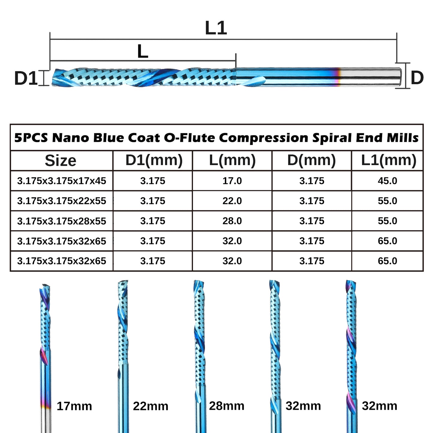 OC05A, 1/8" Shank, Carbide Spiral O Flute Up & Down Compression End Mill CNC Router Bits, 5Pcs