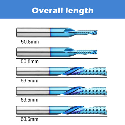 OS05B, 1/4" Shank, Carbide Spiral O Flute Down Cut CNC Router Bits Set, 5Pcs