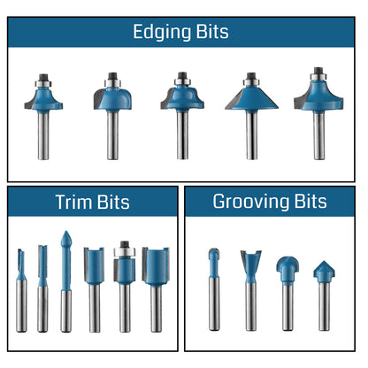 RB15A, 1/4" Shank, Woodworking Tools for Trim, Groove & Edge Treatment Router Bits Set, 15Pcs with Wood Case