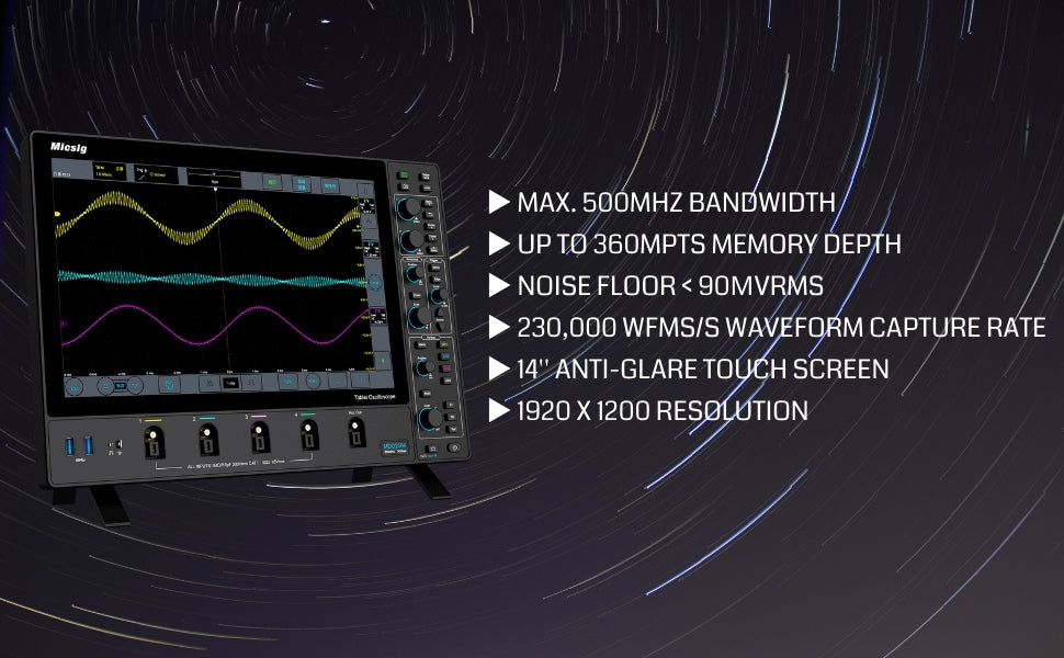 Micsig Oscilloscope MDO2504, Digital Storage Oscilloscope with 4 Channels 250Mhz Bandwidth 3GSa/s Sampling Rate