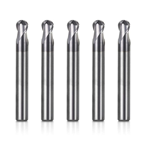 2BNC05, 1/4" Shank, 3”Overall Length, 2-Flute ball Nose,  End Mills CNC Router Bits, Stainless Steel Metal with TiAlN Coating, For Aluminum, Metal, Plastic, MDF & Wood, 5pcs