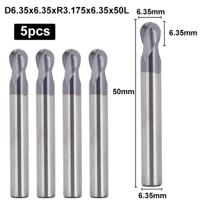 2BNC05, 1/4" Shank, 3”Overall Length, 2-Flute ball Nose,  End Mills CNC Router Bits, Stainless Steel Metal with TiAlN Coating, For Aluminum, Metal, Plastic, MDF & Wood, 5pcs