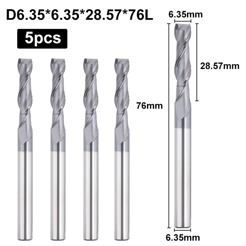 2FNC05, 1/4" Shank, 3”Overall Length, 2-Flute Flat End Mills CNC Router Bits, Stainless Steel Metal with TiAlN Coating, For Aluminum, Metal, Plastic, MDF & Wood, 5pcs