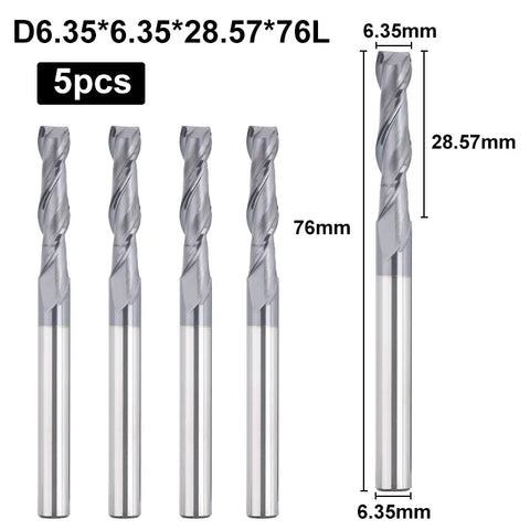 2FNC05, 1/4" Shank, 3”Overall Length, 2-Flute Flatl Nose, End Mills CNC Router Bits, Stainless Steel Metal with TiAlN Coating, For Aluminum, Metal, Plastic, MDF & Wood, 5pcs