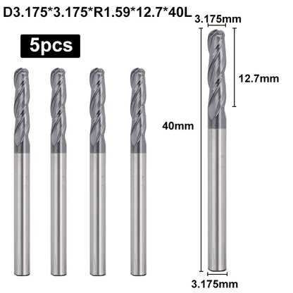 3BNB05, 1/8" Shank, 3-Flute ball Nose, 1-1/2”Overall Length, End Mills CNC Router Bits, General Purpose, Stainless Steel Metal TiAlN Coating,  For Aluminum, Metal, Plastic, MDF & Wood, 5pcs