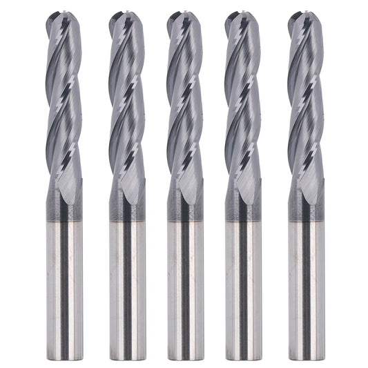 BNCO5, 1/4" Shank, 2-3/8" Overall Length, End Mills CNC Router Bits, Stainless Steel Metal with TiAlN Coating, 3-Flute ball Nose, For Aluminum, Metal, Plastic, MDF & Wood