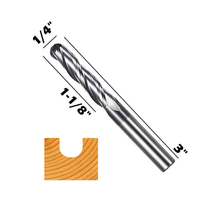 BNCO5, 1/4" Shank, 3”Overall Length, End Mills CNC Router Bits, Stainless Steel Metal with TiAlN Coating, 3-Flute ball Nose, For Aluminum, Metal, Plastic, MDF & Wood