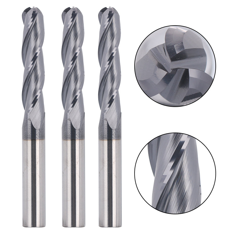 BNCO5, 1/4" Shank, 3”Overall Length, End Mills CNC Router Bits, Stainless Steel Metal with TiAlN Coating, 3-Flute ball Nose, For Aluminum, Metal, Plastic, MDF & Wood