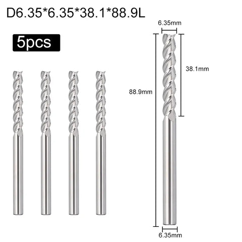 3EMLC05, 1/4" Shank, 3-Flute Flat Nose End Mills CNC Router Bits, 3-1/2” Length, for Aluminum, Plastic, MDF & Wood, 5Pcs