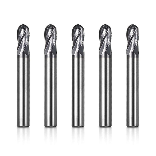 4BNC05, 1/4" Shank, 4-Flute ball Nose, 3”Overall Length, End Mills CNC Router Bits, Stainless Steel Metal with TiAlN Coating, For Aluminum, Metal, Plastic, MDF & Wood, 5pcs