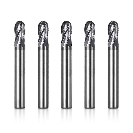 4BNC05, 1/4" Shank, 4-Flute ball Nose, 3”Overall Length, End Mills CNC Router Bits, Stainless Steel Metal with TiAlN Coating, For Aluminum, Metal, Plastic, MDF & Wood, 5pcs