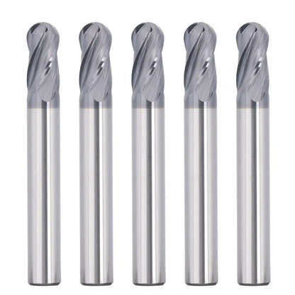 4BNC05, 1/4" Shank, 4-Flute Ball Nose, 2” Overall Length, End Mills CNC Carbide Steel Router Bits, For Carbon Steel, Stainless Steel, Aluminum, Metal, 5pcs