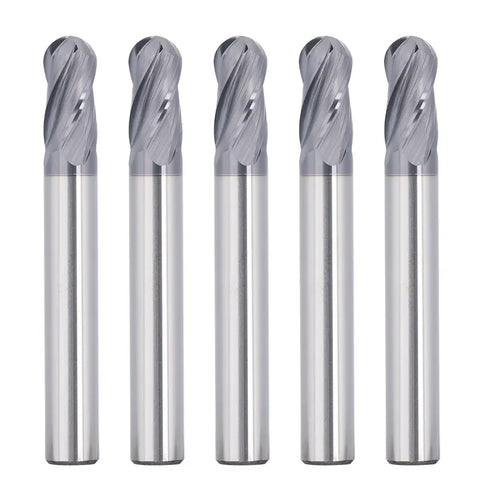 4BNC05, 1/4" Shank, 4-Flute ball Nose, 3”Overall Length, End Mills CNC Router Bits, Stainless Steel Metal with TiAlN Coating, For Aluminum, Metal, Plastic, MDF & Wood, 5pcs