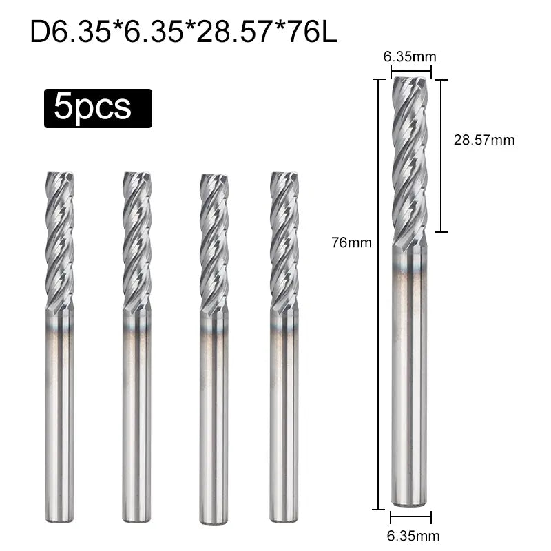 4FNC05, 1/4" Shank, End Mills CNC Router Bits, 4-Flute Flat Nose Milling, 5pcs