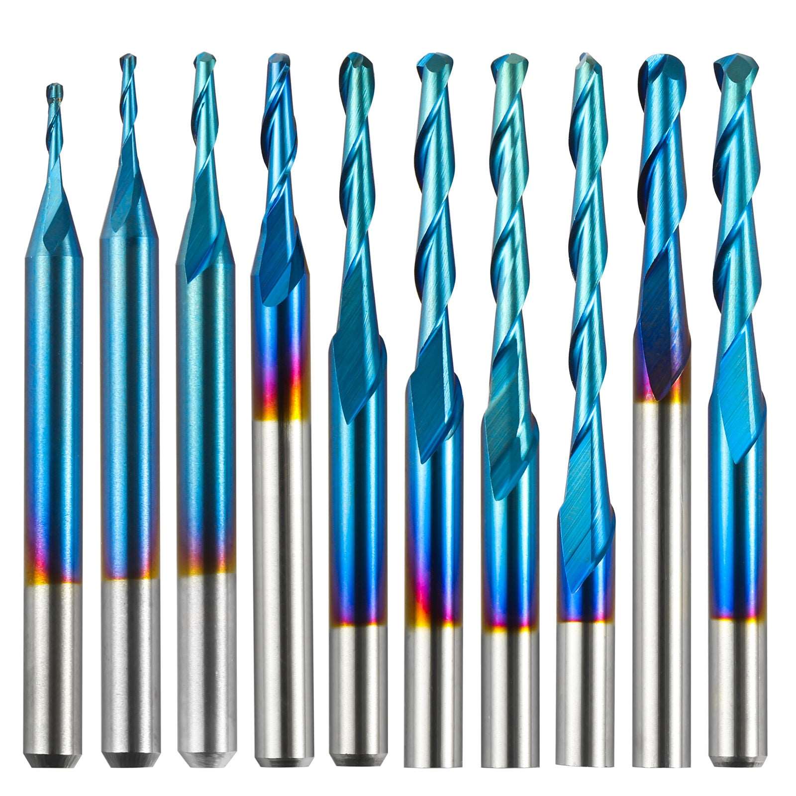 BN10A, 1/8'' Shank, 2-Flute, Ball Nose, Spiral End Mill, 0.8-2.5mm Cutting  Diameter, 10 Pcs