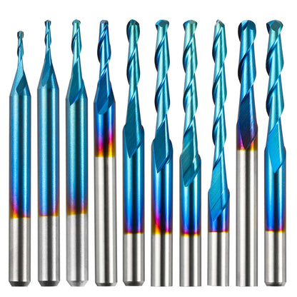 BN10A, 1/8'' Shank, 2-Flute, Ball Nose, Spiral End Mill, 0.8-2.5mm Cutting Diameter, 10 Pcs