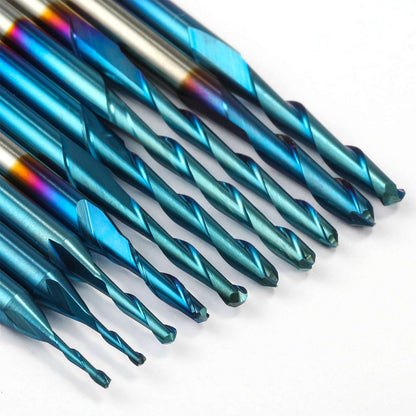 BN10A, 1/8'' Shank, 2-Flute, Ball Nose, Spiral End Mill, 0.8-2.5mm Cutting Diameter, 10 Pcs