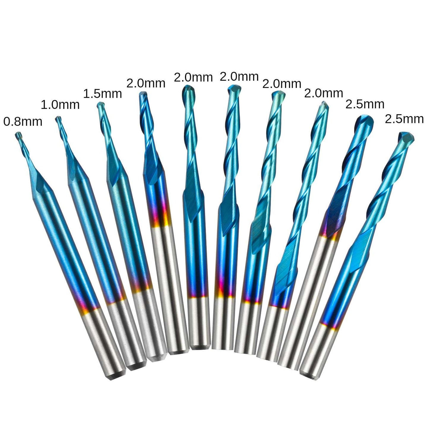 BN10A, 1/8'' Shank, 2-Flute, Ball Nose, Spiral End Mill, 0.8-2.5mm Cutting Diameter, 10 Pcs