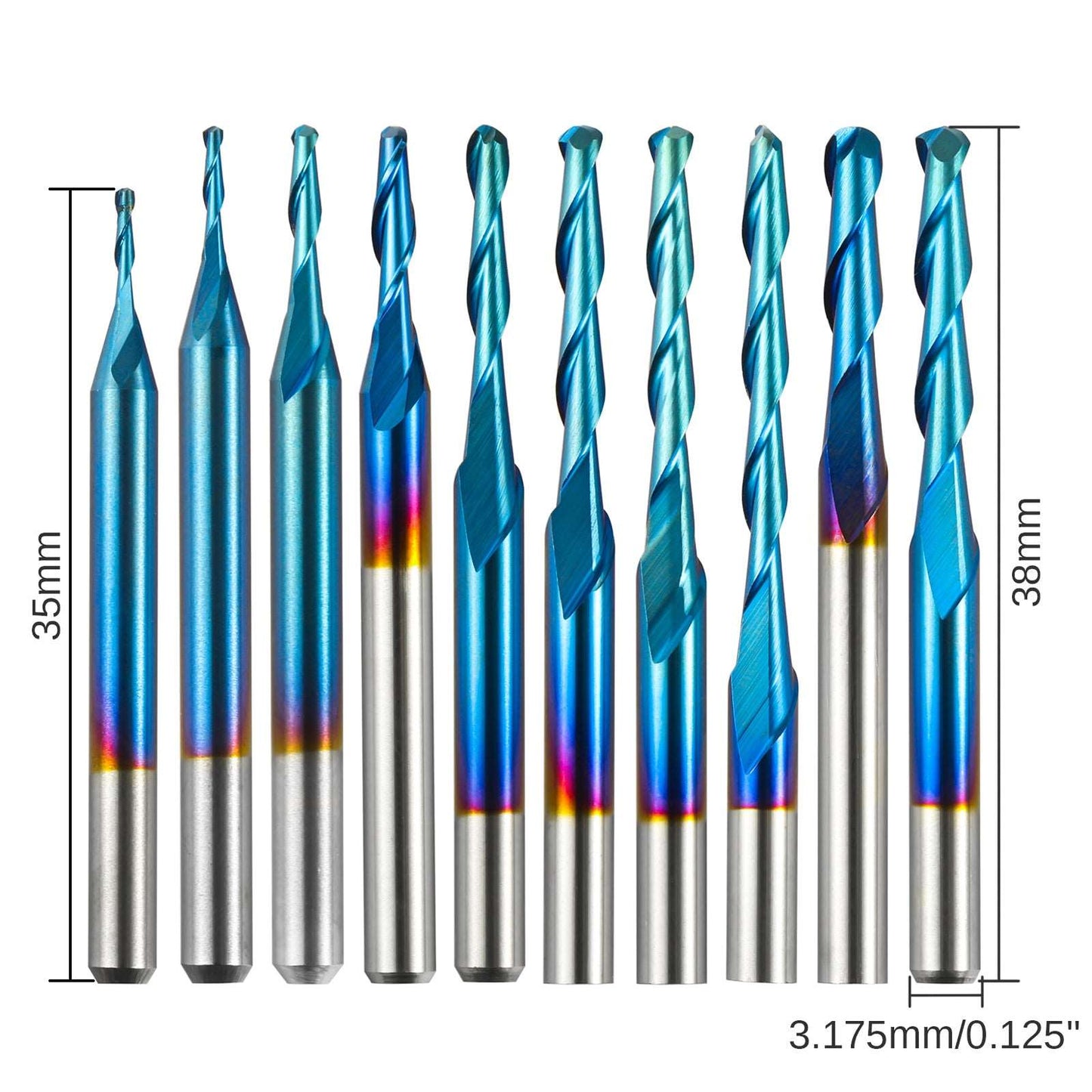 BN10A, 1/8'' Shank, 2-Flute, Ball Nose, Spiral End Mill, 0.8-2.5mm Cutting Diameter, 10 Pcs