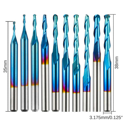 BN10A, 1/8'' Shank, 2-Flute, Ball Nose, Spiral End Mill, 0.8-2.5mm Cutting Diameter, 10 Pcs