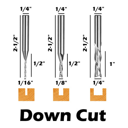 DSBC05, 1/4" Shank, 2-Flute Milling Carving Bit Set, Down Cut & Compression Cut, Tungsten Carbide End Mills CNC Router Bits, For Tool for Aluminum, Metal, Plastic, MDF & Wood, 5pcs