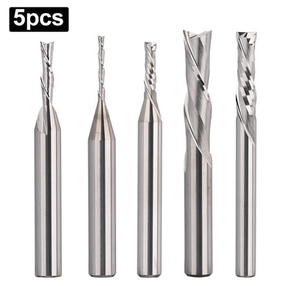 DSBC05, 1/4" Shank, 2-Flute Milling Carving Bit Set, Down Cut & Compression Cut, Tungsten Carbide End Mills CNC Router Bits, For Tool for Aluminum, Metal, Plastic, MDF & Wood, 5pcs