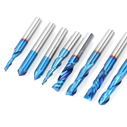 MRBC08, 1/4" Shank, End Mills CNC Router Bits, General Purpose, Nano Blue Coating, for Aluminum, Metal, Plastic, MDF & Wood, 8pcs