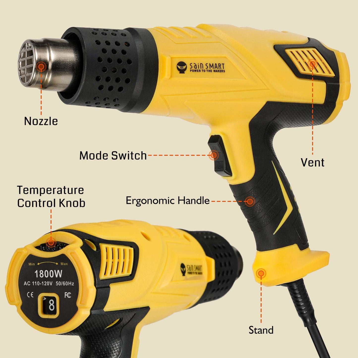 1800W Heat Gun, Visible Dual Temp Setting, for Crafts, Stripping Paint, and Shrink Wrapping