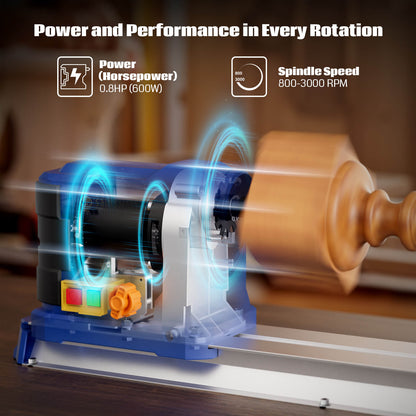 Benchtop Wood Lathe, 10''x24'', 600W 0.8 HP,With Step-Less Variable Speed 800-3000 RPM