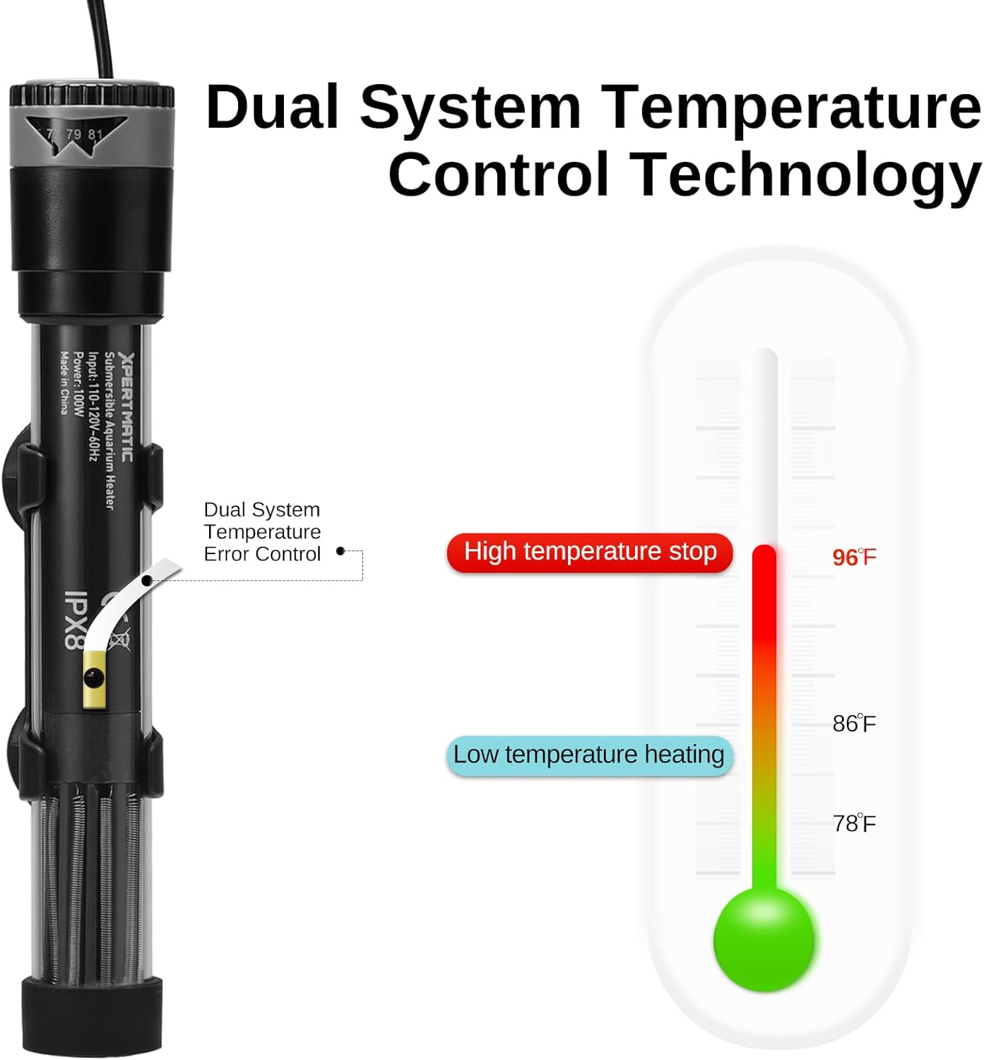 XpertMatic Submersible Aquarium Heater, 100W Adjustable