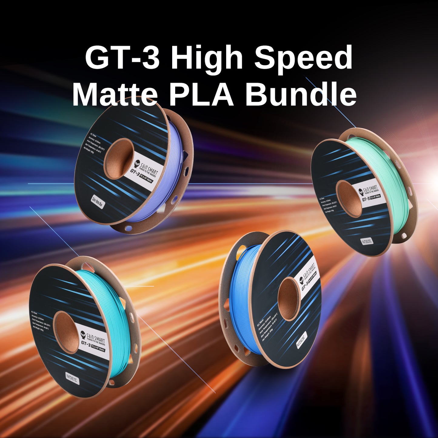 GT-3 High Speed Four-Color Bundle Matte PLA Filament, 1.75mm 500g X 4 Spools, 4.4lbs (2kg) Blue, Green, Violet, Indigo