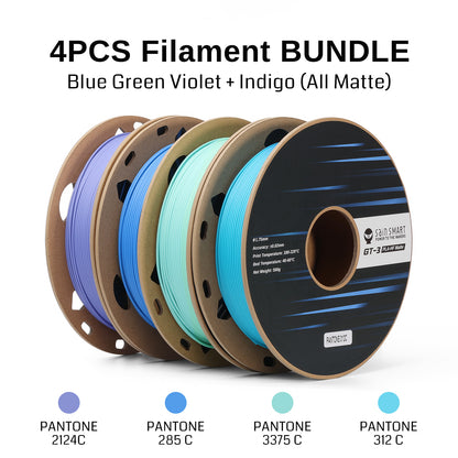 GT-3 High Speed Four-Color Bundle Matte PLA Filament, 1.75mm 500g X 4 Spools, 4.4lbs (2kg) Blue, Green, Violet, Indigo