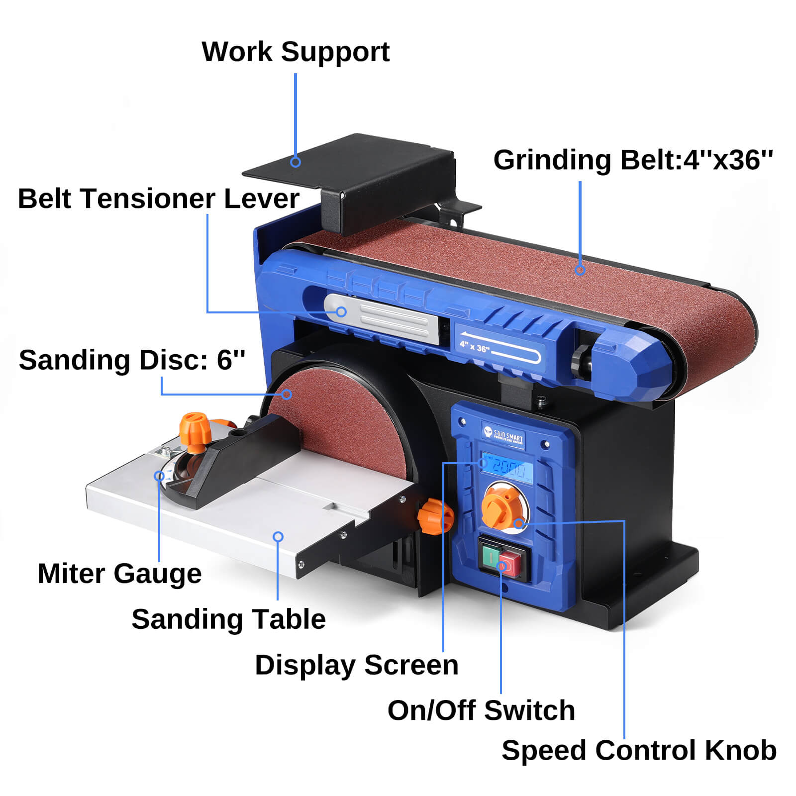 SainSmart Belt Sander Disc Sander Combo with Adjustable Speed Benchtop Sander with Full Copper Motor 0 90 Belt 0 45 Tillable Worktable Dust