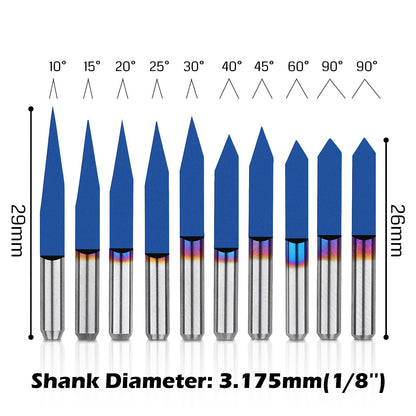 VS10, 1/8"Shank, V-Groove CNC Router Bits, 10/15/20/25/30/40/45/60/90° Set, 10pcs