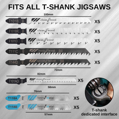 WOODSTARTER 40 Piece T-Shank Multi-Purpose Jigsaw Blades Set with Storage Case, Made with HCS/HSS, For Wood, Plastic and Metal Cutting