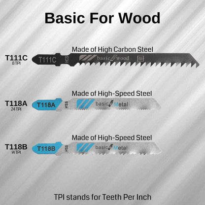 WOODSTARTER 40 Piece T-Shank Multi-Purpose Jigsaw Blades Set with Storage Case, Made with HCS/HSS, For Wood, Plastic and Metal Cutting