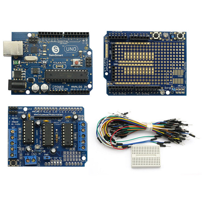 [Discontinued] UNO + Proto Shield(with Breadboard Jump Wires) + L293D Motor Drive Shield