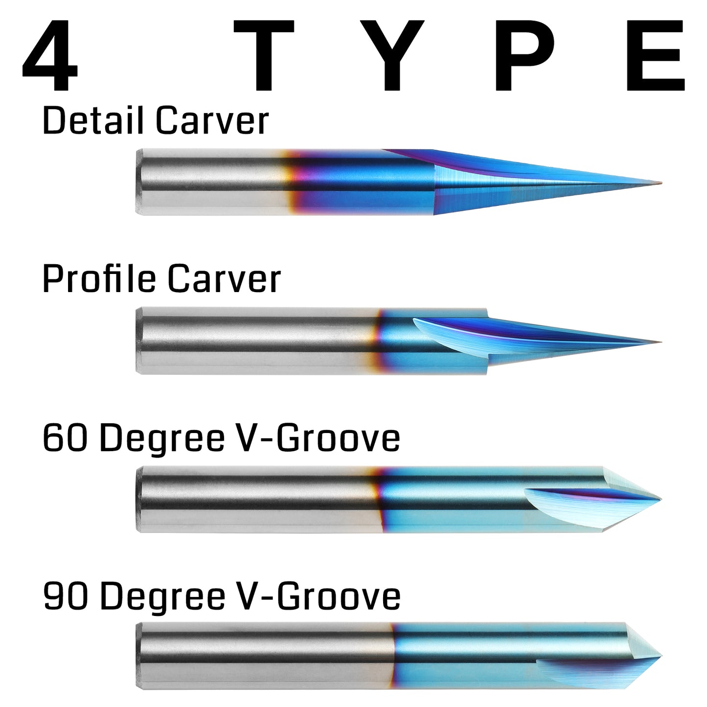 WC04A, 1/4'' Shank, 15° Detail carving liner, 20° Profile bit, 60° & 90° V groove, 4Pcs for Wood Carving