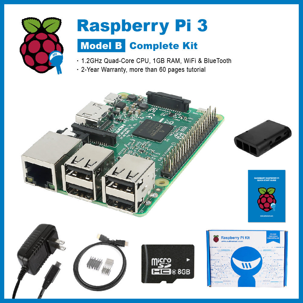 [US ONLY] SainSmart Raspberry Pi 3 Complete Kit : ABS Case + SD Card + HDMI + HeatSinks + USB Charger (UL Listed) Tutorials&Codes