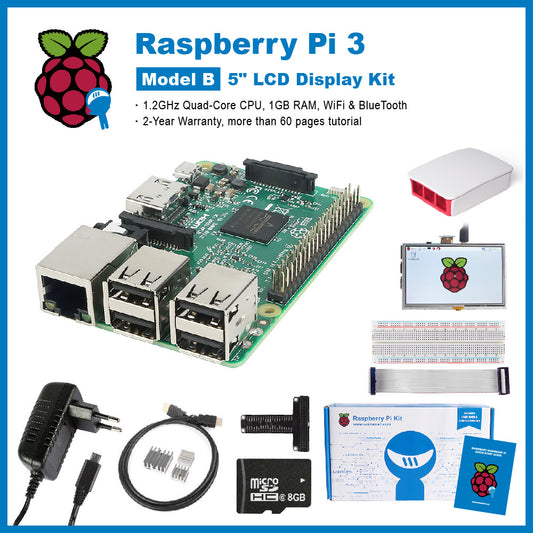 [Discontinued] SainSmart Raspberry Pi 3 Ultimate LCD Kit : 5" LCD + Case + SD Card + Breadboard + HDMI + GPIO + Aluminium Heatsink + USB Power Supply