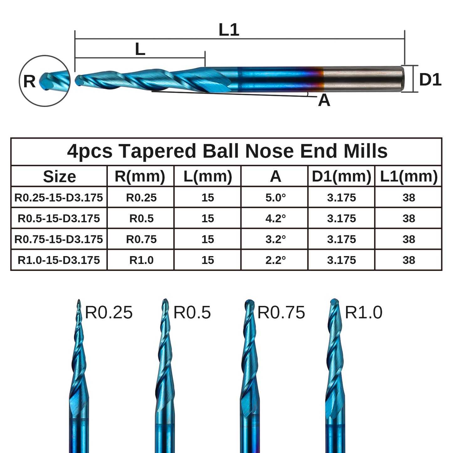 [Discontinued] EM10A, 1/8" Shank, Micro-Cutting Diameter End Mills Bit Set, 10-PCS