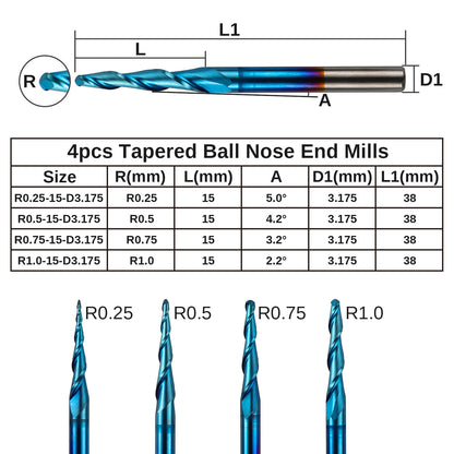 TB04A, 1/8" Shank, 2-Flute, Tapered Ball Nose, End Mills Bits, 4 Pcs