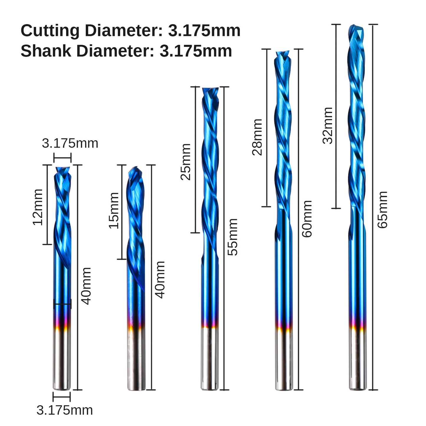 [Discontinued] SC05A, 1/8" Shank, 2-Flute, Compression Spiral Bits Up-down Cut Set, 5-PCS